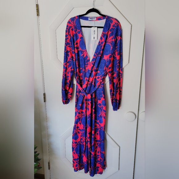 Rebdolls Rose Print Maxi Wrap Dress Blue and Red 22 - Picture 2 of 6